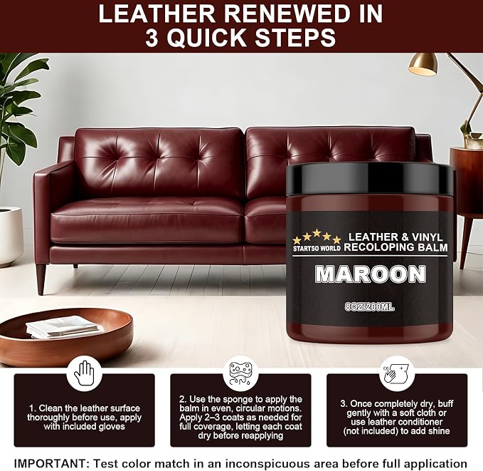 STARTSO WORLD Leather Recoloring Balm, Maroon Leather Repair Kit for Furniture, Leather Dye, Leather Color Restorer for Couches, Leather Couch Paint | Repair, Restore & Renew Old, Faded Leather