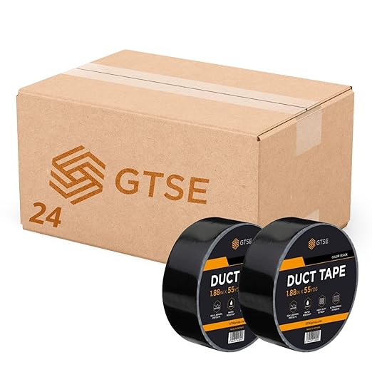 GTSE Black Duct Tape, 2 Inches x 55 Yards (164 ft), Heavy Duty, Waterproof Repair Tape for Indoor or Outdoor Use, 24 Rolls