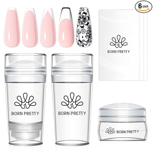 Born Pretty French Tip Nail Stamp, 6PCS Art Stamper With Scrapers, Silicone Stamping Long & Short Jelly Stamper Kit for French Manicure Home DIY Art Salon