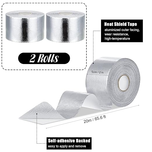 Zonon 2 Rolls Aluminum Foil Tape Heat Shield Tape Barrier Adhesive Reflective Fiberglass Thermal Insulation Reflective Material High Temp Protection(Silver,2 Inch X 65.6 ft)