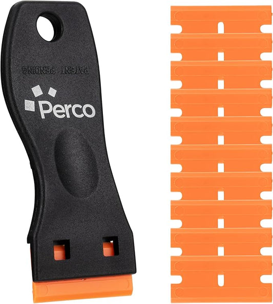 Perco Plastic Razor Blade Scraper with 10 Extra Plastic Blades – No-Scratch Adhesive & Sticker Remover Tool for Labels, Decals & Glue Residue – Safe Scraper for Glass, Windows & Car Surfaces
