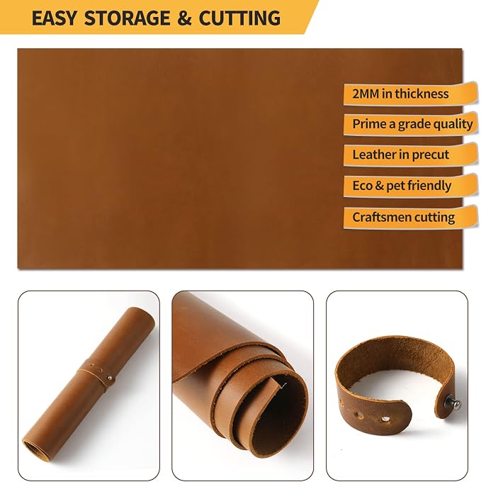 RingSun Bourbon Brown Genuine Leather Sheets for Craft (2mm), Full Grain Leather for Tooling Craft Sewing(6''X12'', Bourbon Brown)