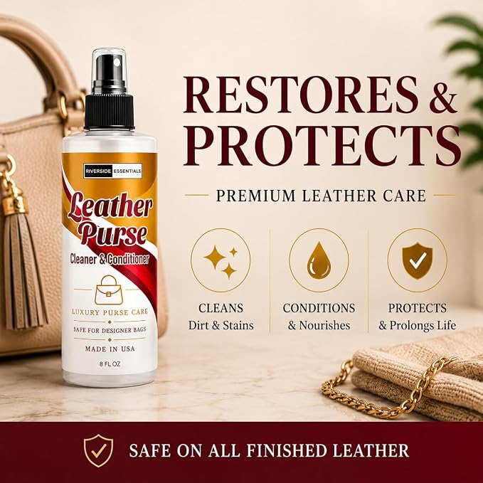Leather Purse Cleaner & Conditioner (8oz) – High End 3-in-1 Spray for Purses, Designer Bags & Luxury Handbags – Cleans, Conditions, Deodorizes & Restores Finished Leather - Made in USA