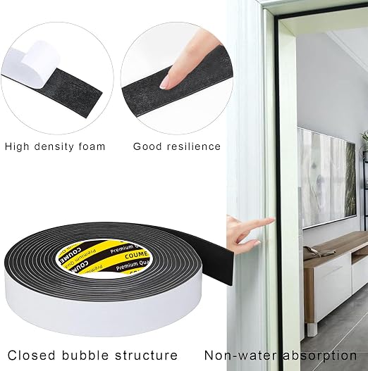 Single-Sided Adhesive EVA Foam Tape 1.8in x16.4FT,Black Foam Weather Stripping,Door Seal & Window Insulation Tape,Waterproof Sound Proof Seal Strip for Doors,Windows,Garage Door & Gap Sealing