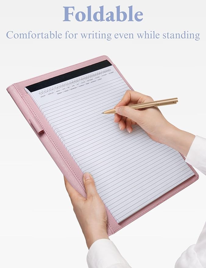 Mymazn Padfolio Portfolio Folder, Faux Leather Interview Resume Folder with Document Organizer & Business Card Holder, Letter-Sized Notepad Legal Pad Holder for Men Women (Pink)