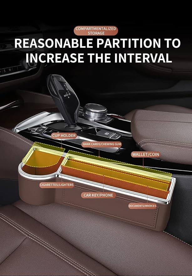 SANRILY Black Universal Car Seat Gap Filler Organizer with USB Hole Fashion PU Leather Multifunctional Car Center Console Organizer with Cup Holder 1 Pack