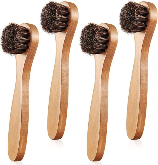4 Pcs Horsehair Shine Shoes Brush Kit Polish Dauber Applicators Cleaning Leather Shoes Boots Care Brushes Suede Cleaner Brush with Microfiber Shoe Cloth(Wooden Handle A)