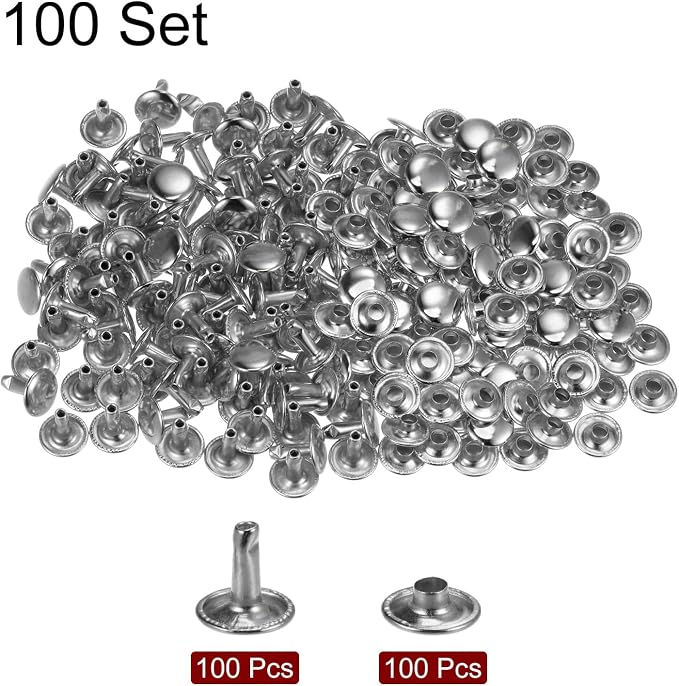HARFINGTON 100 Sets Leather Rivets 10 x 10mm Metal Double Cap Rivet Snaps Studs Fasteners with 3pcs Setting Tools Rivets for Leather Craft DIY Repair Decoration, Silver Tone