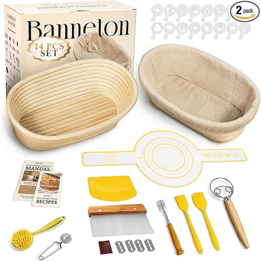 Sourdough Starter Kit, Banneton Bread Proofing Baskets Set, Sourdough Bread Baking Supplies Making Tools with Dough Scraper, Whisk, Bread Lame, Recipe