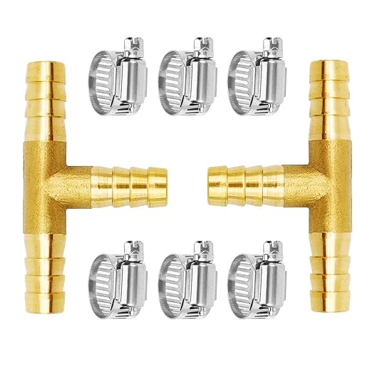 Da by 2 pcs 5/16"(8mm) Brass Tee Barb Fittings for 3/8" ID Hose,6 pcs Stainless Steel Pipe Clamps,3 Way Union Intersection for Water/Fuel/Air(T)