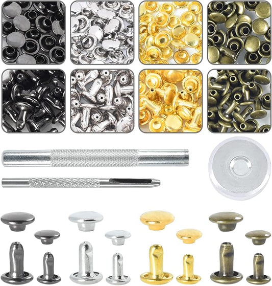 400Sets Leather Rivets Kit, 6mm & 8mm Double Round Cap Rivets, Tubular Metal Rivets with 3 Punch Rivet Setting Tool Rivets for Leather Purse Clothing Dog Collar Repair Hardware (4 Color & 2 Size)