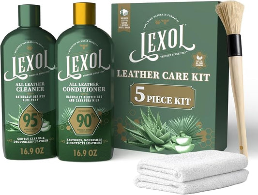 Lexol All Leather Care Kit - 5-Piece Natural Leather Cleaner & Conditioner with Aloe Vera, Bee Milk, Cloths & Brush for Car Seats, Furniture, Jackets, Bags & Boots, Gift for leather lovers