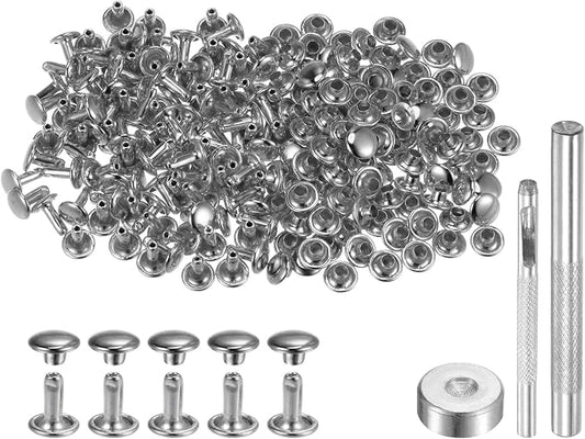 HARFINGTON 100 Sets Leather Rivets 8 x 7mm Metal Double Cap Rivet Snaps Studs Fasteners with 3pcs Setting Tools Rivets for Leather Craft DIY Repair Decoration, Silver Tone