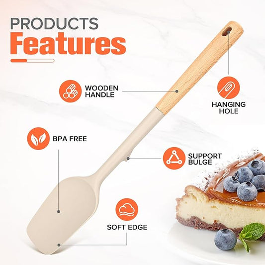 Large Silicone Rubber Spatula Scrapers 14" with Long Wood Handle,Heat Resistant,Durable, Essential Baking Tools for Mixing, Folding, Scraping,Spreading for Nonstick Cookwares,Pack of 2 (Khaki)
