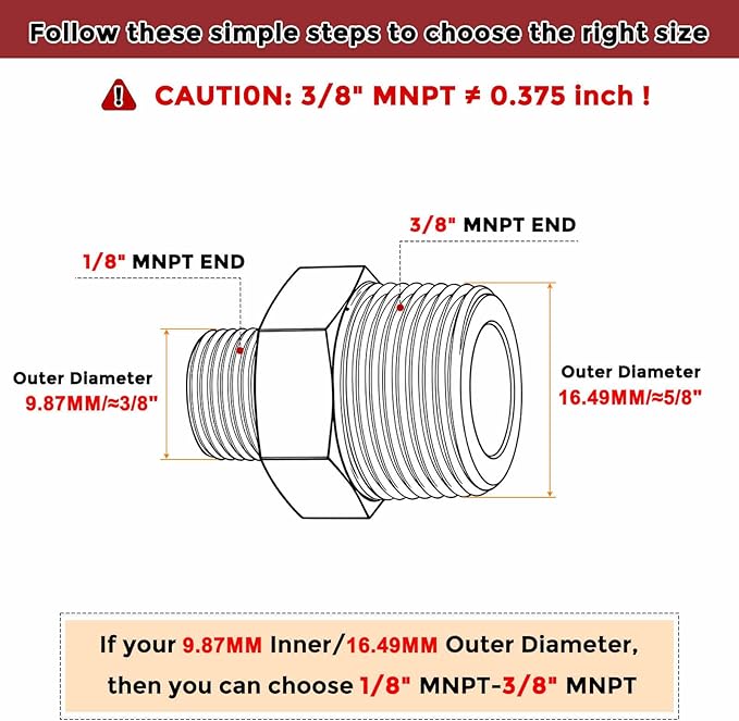Pack of 5, 3/8" Male NPT to 1/8" Male NPT Solid Brass Hex Nipple Hose Connectors, Male Pipe Adapter for Pipe Leak Repair, Bathroom Remodeling, Tool Extensions, Compression