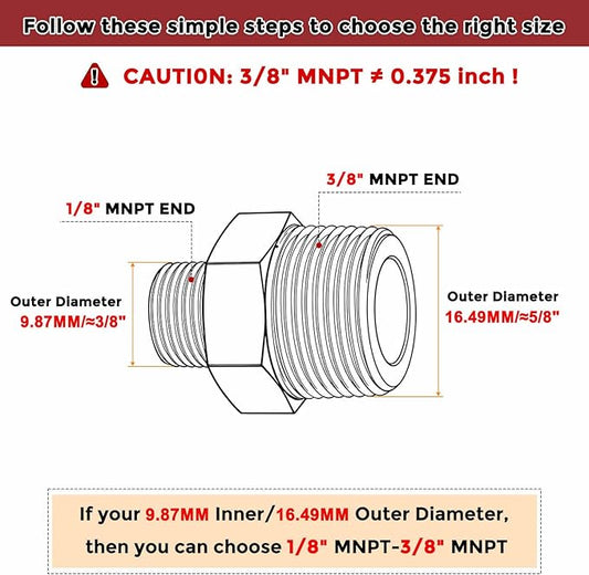 Pack of 5, 3/8" Male NPT to 1/8" Male NPT Solid Brass Hex Nipple Hose Connectors, Male Pipe Adapter for Pipe Leak Repair, Bathroom Remodeling, Tool Extensions, Compression
