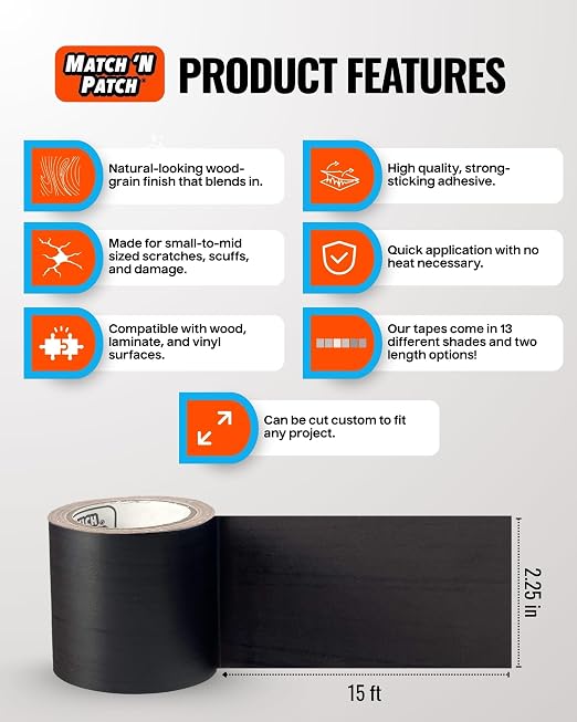 MATCH 'N PATCH Wood Grain Repair Tape - Brown-Black, 2.25 in x 15 ft (1-Pack) – Wood Grain Colored Duct Tape for Mirror Frame, Trim, Borders, Floor and Other Furniture, Scratch Repair Kit