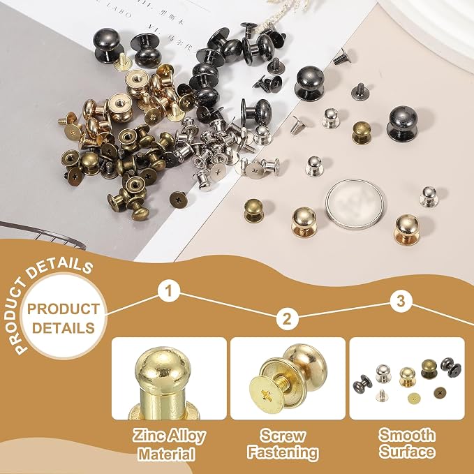 PATIKIL 5 mm Leather Rivets, 20 Sets Ball Head Stud Screw Back Round Head Button Chicago Screw Nipple Stud Rivet for Leather DIY Craft Handbag Belt Repairs, Gold Tone