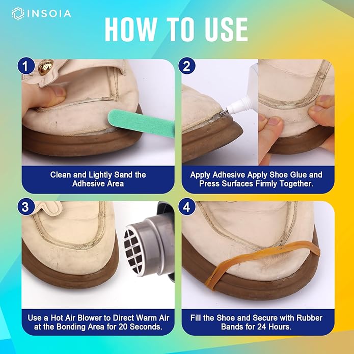 INSOIA Shoe Glue Sole Repair Kit, Heavy Duty Shoe Adhesive, Waterproof, Flexible, Clear-Drying for Sneakers, Boots, Leather, Rubber, Canvas and More - Dries Within 24 Hrs