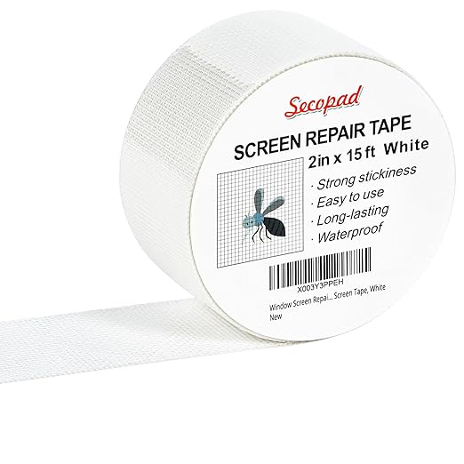 Secopad White Window Screen Repair Tape, 2 in X 15 FT (360IN) Screen Repair Kit for Windows or Doors, Strong Adhesive Screen Patch Fiberglass Screen Tape Mesh Repair