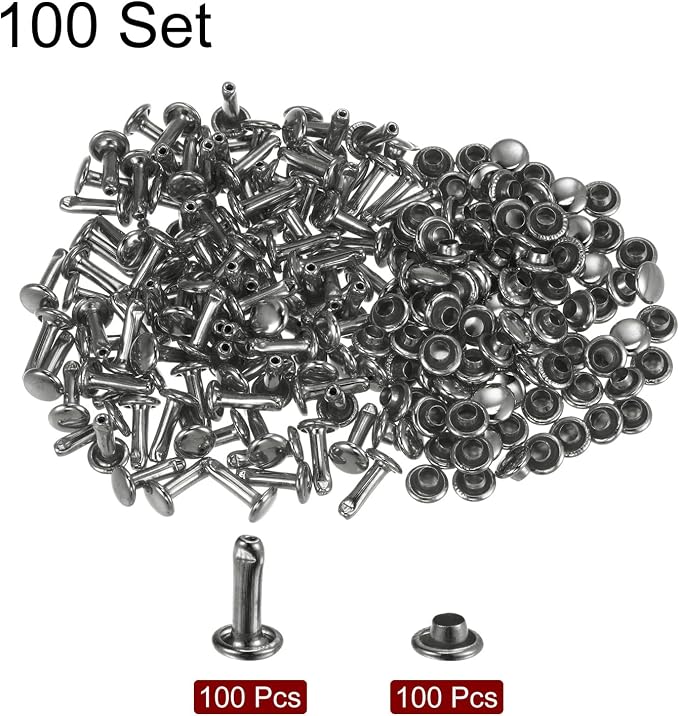 HARFINGTON 100 Sets Leather Rivets 10 x 6mm Metal Double Cap Rivet Snaps Studs Fasteners with 3pcs Setting Tools Rivets for Leather Craft DIY Repair Decoration, Gunmetal