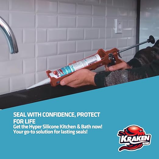 Kraken Bond Hyper Clear Caulking Sealant - (2x10.1 Fl. Oz) Fast Curing 100% Silicone Neutral for Kitchen & Bathroom, Bathtub, Shower and Sink, Low Odor, Waterproof, Anti Shrink Caulking, 2 Pack