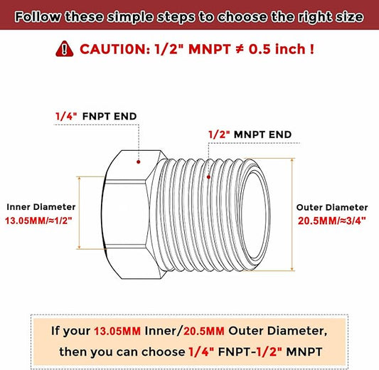 Packs of 6, 1/2" Male NPT NPT1/4" FeMale NPT Solid 304 Stainless Steel Hex Bushing, Hose Fittings Adapter Reducer for Bathroom Remodel, Tool Extensions