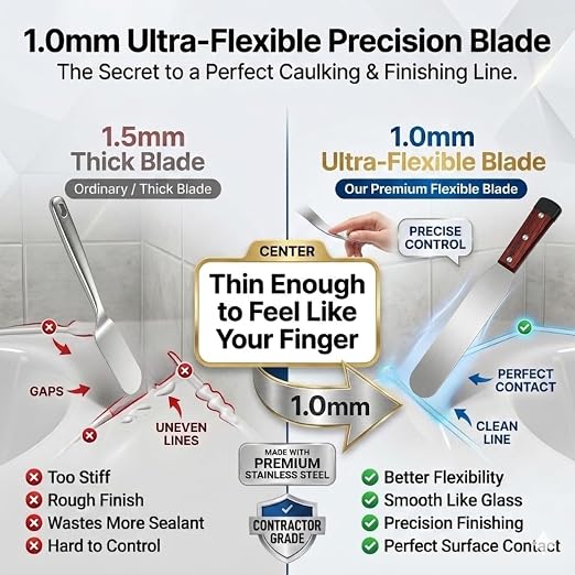 9-Piece Professional Caulking Spatula Set with Wooden Handle | 9-piece caulking tool kit with 1.0mm ultra-flexible stainless steel scraper, canvas bag for baseboards, sinks,tight gaps