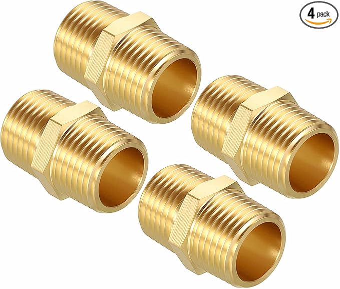 Pack of 4, 1/2" MNPT To 1/2" MNPT Solid Brass Hex Nipple Hose Connectors W/Sealing Tapes, Male Pipe Adapter for Pipe Leak Repair, Bathroom Remodeling, Tool Extension, Compression