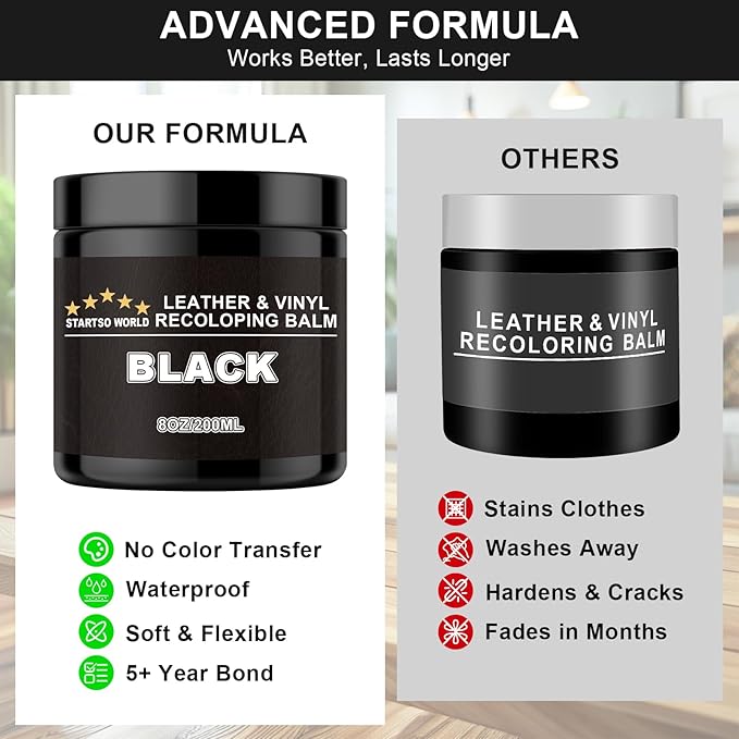 STARTSO WORLD 200Ml Leather Recoloring Balm with 100ML Leather Conditioner, Black Leather Repair Kit for Furniture, Leather Dye, Leather Scratch Repair, Leather Couch Paint