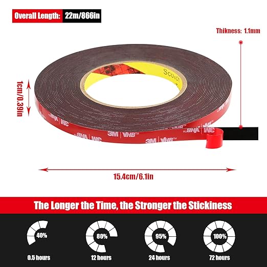 Double Sided Tape Heavy Duty, Waterproof Mounting Foam Tape, 73ft Length, 0.4in Width, High Temperature Resistant Adhesive Tape for Car, LED Strip Light, Office Decor, Uses VHB 5952 Raw Material