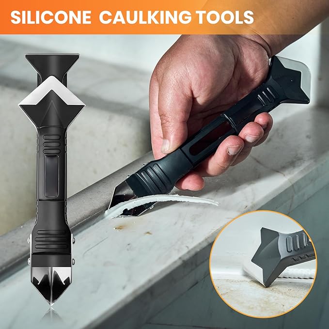 Sakerplus 3-in-1 Caulking Tool, Scraper & Silicone Trowel for Grout Removal and Caulk Smoothing, Sealant Application Tool for Bathroom Kitchen Tile Sink Window Frame (Classic Black, 1 Set)