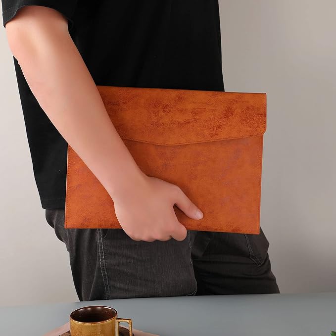 PU Leather A4 File Folder Document Holder Waterproof Portfolio Envelope Folder Case with Snap Closure Brown