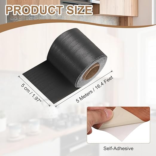 uxcell Wood Tape, 2 Inch x 16ft Self-Adhesive Wood Grain Repair Tape Patch with Plastic Scraper for Baseboards, Doors, Windows, Floor Repair and Furniture Renovation, Black