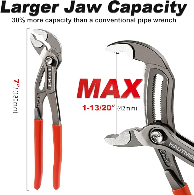 HAUTMEC 7-Inch Water Pump Pliers, Fast Adjustable Tongue and Groove Joint Pliers, V-Jaw with Comfort Grips, Rust-Proof CRV Steel Construction for Plumbing, Home Repair, and Pipe Fittings HT0366-PL