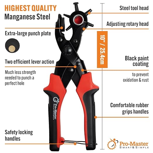 Pro-Master Belt Hole Puncher for Leather - Heavy Duty Rotary Leather Punch Tool for Belts, Watch Bands & Bags - Double Lever Action, Ergonomic Cushioned Non-Slip Handles - 2mm to 4.5mm Punching Kit