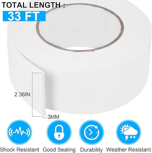 ToLanbbt Double Sided Foam Tape 2.36In x 33FT, Mounting Tape Heavy Duty, Strong Adhesive Weatherproof Seal Strips for DIY Craft Picture Poster, Car & Gap Filling Mountings, Home Office Decor (White)