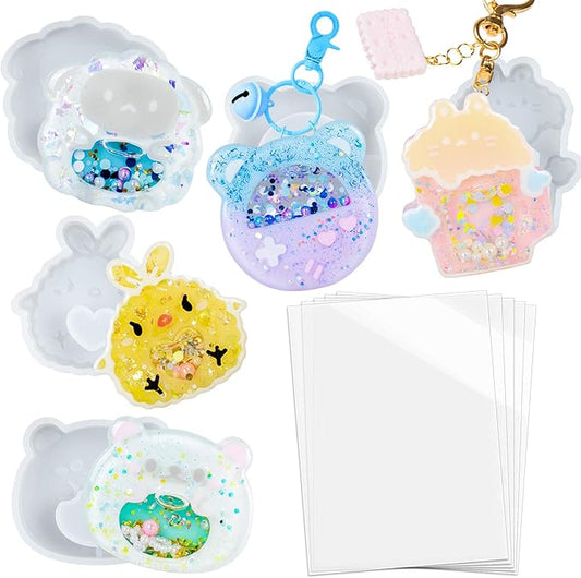 FUNSHOWCASE Epoxy Resin Shaker Molds Set Jewelry Casting Supplies, Bear, Chick, Sheep, Beer Mug, Game Console 5 Silicone Trays with 5 Seal Films, Height 2-2.4inch