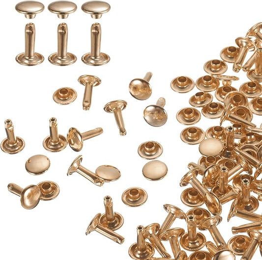 HARFINGTON 100 Sets Double Cap Leather Rivets, 9x12mm Round Cap Tubular Metal Studs Leather Crafting Rivets for Fabric Belt Pet Collar Boot Bag Repair and Decoration, Light Gold