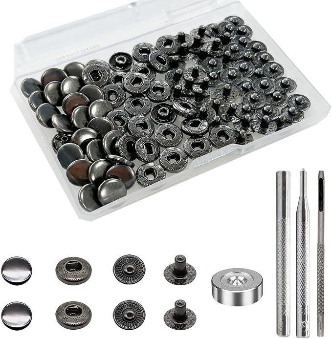 BetterJonny 24 Sets Heavy Duty Leather Snap Fasteners Kit, 10mm Metal Snap Buttons Press Studs Leather Rivets Snaps with 4 Setter Tools for Clothes Bracelet Jackets Jeans Gun Black