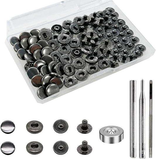 BetterJonny 24 Sets Heavy Duty Leather Snap Fasteners Kit, 10mm Metal Snap Buttons Press Studs Leather Rivets Snaps with 4 Setter Tools for Clothes Bracelet Jackets Jeans Gun Black