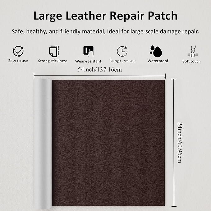 Hohylactic Leather Repair Patch 24x54 Inch, Self Adhesive Leather Repair Tape, Large Vinyl Repair Kit for Sofa Couch Furniture Car Seats, Strong Adhesion Scratch Resistant Easy Cut (Dark Brown)