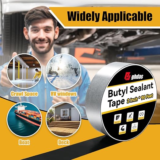 Bghdas - 2 Pack Butyl Sealant Tape 2" X 90' - Double Sided - Black Vapor Barrier Butyl Tape for Wall of Crawl Space, Rv Windows, Deck Boat, Crawlspace (Waterproof, Weatherproof)