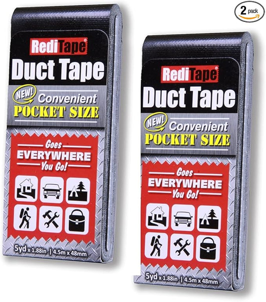 Travel Size Black Duct Tape 2-Pack - Pocket Size Flat Mini Roll - for Repairs Outdoors Emergency Crafts - 1.88 inch x 5 Yards per Pack