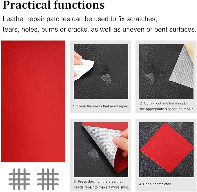 2PCS Car Leather Repair Patch Tape, 4 x 8 Inch Self Adhesive Portable Vehicle Seat Vinyl Repairs Kit, Automotive Interior Furniture Restoration Kit, Universal for SUV RV Truck (Red)