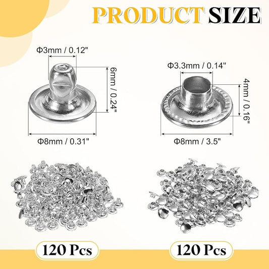 uxcell 120 Sets Leather Rivets, 8mm Double Cap Rivets, 6mm Height Tubular Metal Studs for Leather Craft Repair and Decoration DIY Clothes, Shoes, Bags, Belts, Silver