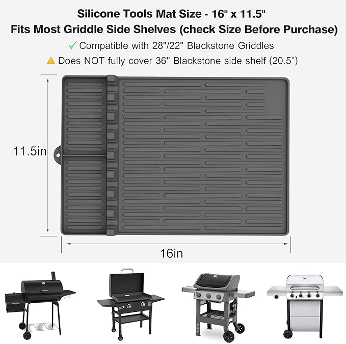 Silicone Grill Mat Compatible with Blackstone, BBQ Griddle Tools Mat with Drip Pad, Large Spatula Holder for Outdoor Kitchen Counter, Gifts for Men (Gray)