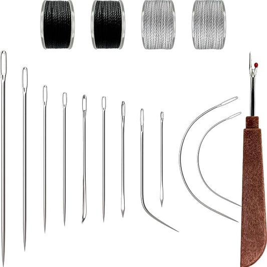 VONEEDL Heavy Duty Sewing Needles (11 PCS) & Waxed Thread (2 Black and 2 Grey Colors) - Upholstery Repair Kit for Leather, Canvas, Quilting & More
