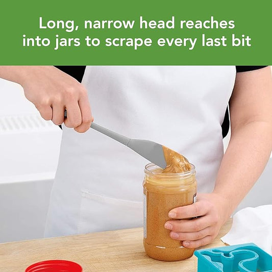 Tovolo Silicone Jar Spatula Long Handled Rubber Scraping Scooping Tool for Peanut Butter Jam Jelly Jars Blenders, Extra Long Flex Core Silicone Jar Scraper Dishwasher Safe BPA Free, Oyster Gray