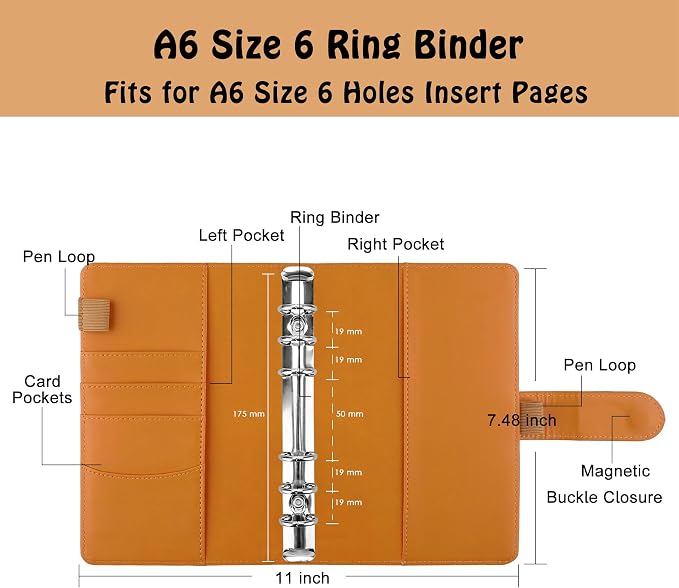 Antner A6 PU Leather Refillable 6 Ring Notebook Binder for A6 Filler Paper, Loose Leaf Personal Planner Binder Cover with Magnetic Buckle for Budget, Dark Yellow